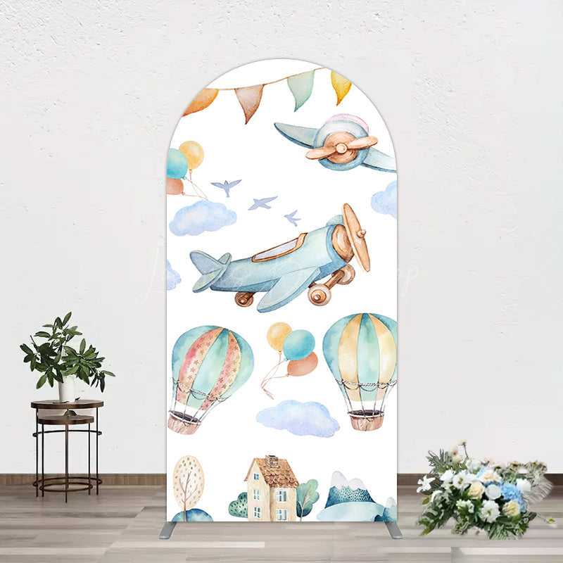 Lofaris Sky Airplane Hot Air Balloon Birthday Arch Backdrop