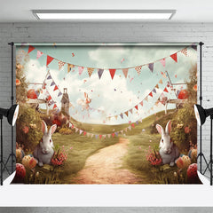 Lofaris Sky Green Field Flags Rabbit Floral Easter Backdrop