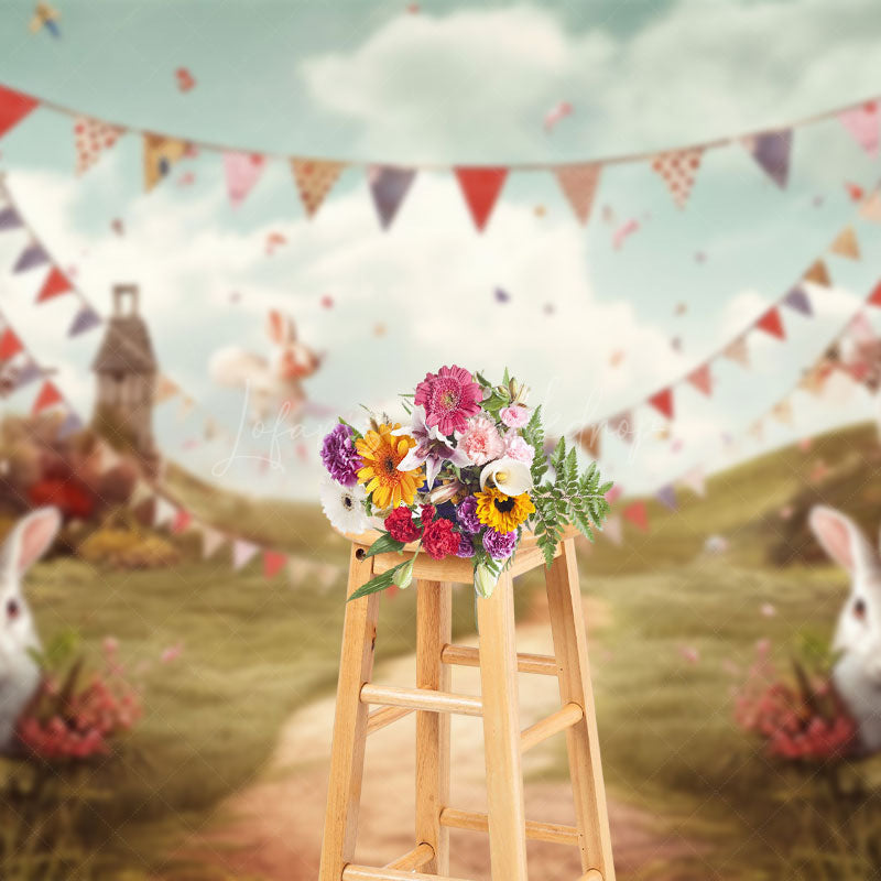 Lofaris Sky Green Field Flags Rabbit Floral Easter Backdrop