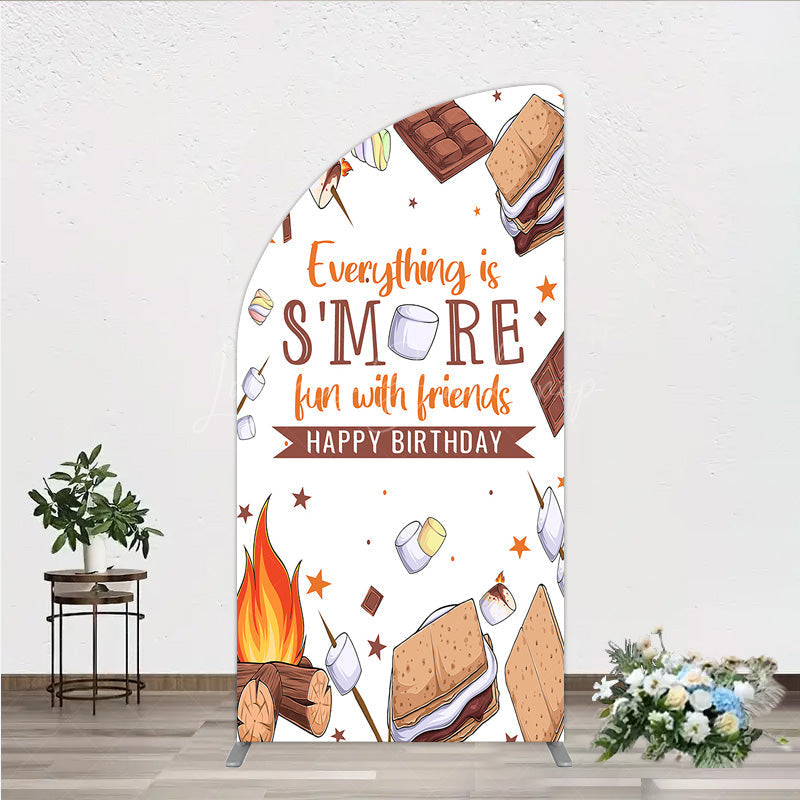 Lofaris S’more Fun Birthday Half Moon Arch Backdrop Camping Campfire and Marshmallow Theme Outdoor Party Photo Booth Decor for Kids