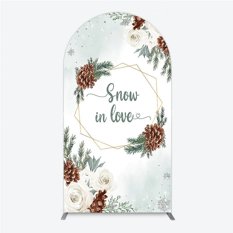 Lofaris Snow in Love Arch Backdrop for Winter Wedding Bridal Shower with Pinecones White Roses and Snowflakes Decor