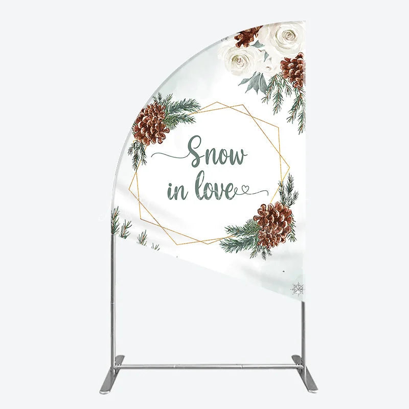 Lofaris Snow in Love Half Moon Arch Backdrop for Winter Wedding Bridal Shower with Pinecones White Roses and Snowflakes Decor