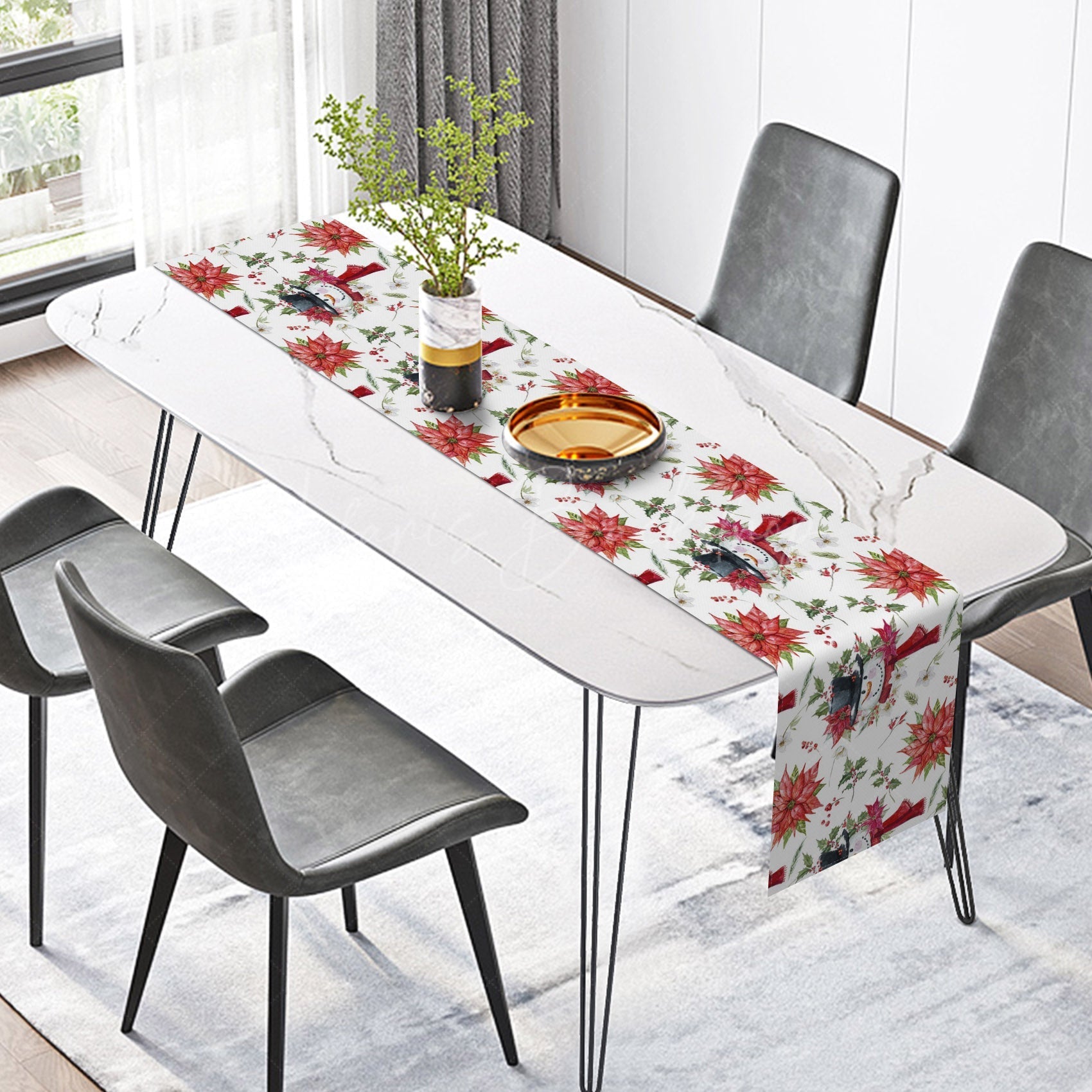 Lofaris Snowman Poinsettia Cherry Merry Christmas Table Runner