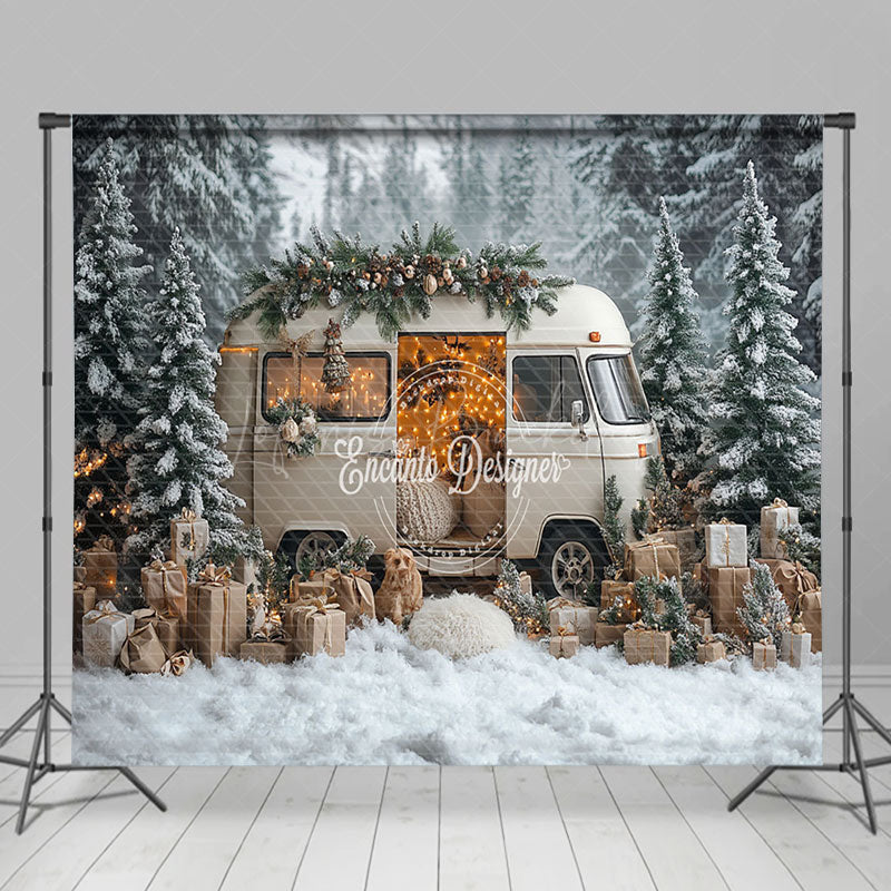 Lofaris Snowy Christmas Vibe Car Forest Room Set Backdrop
