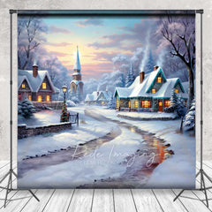 Lofaris Snowy Christmas Village Photography Backdrop Cozy Cottages in Winter Painted Holiday Landscape Photo Prop