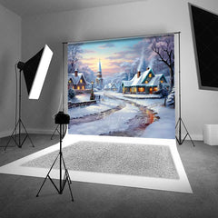 Lofaris Snowy Christmas Village Photography Backdrop Cozy Cottages in Winter Painted Holiday Landscape Photo Prop