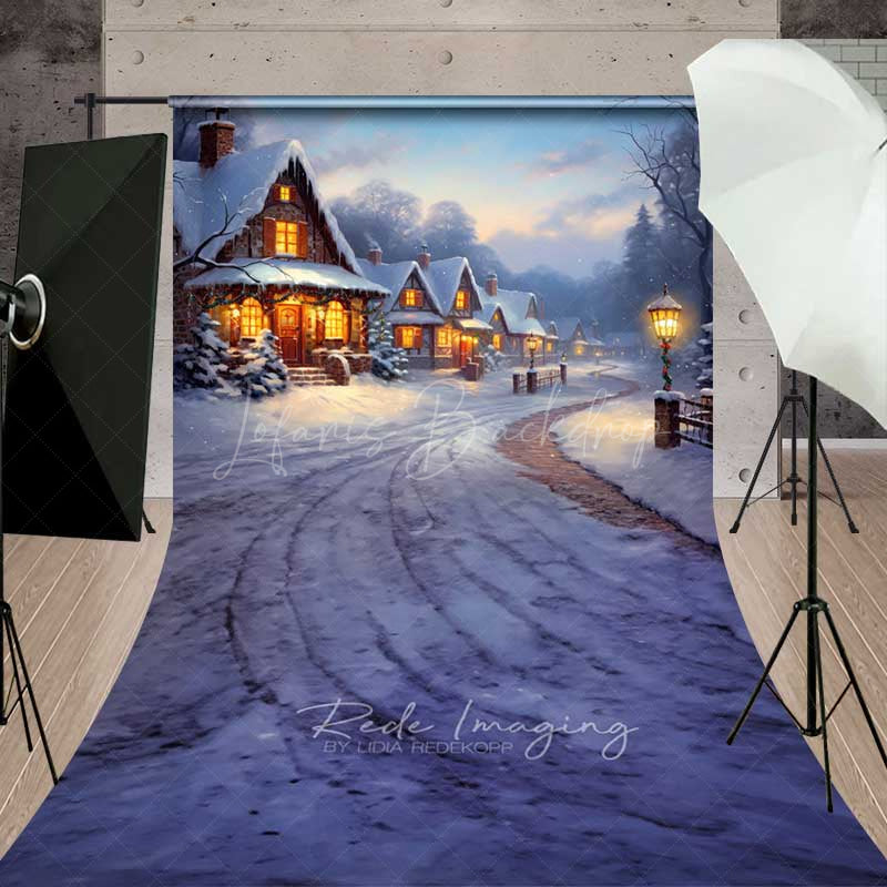 Lofaris Snowy Christmas Village Sweep Photo Backdrop Painted Cottages at Dusk Winter Wonderland Holiday Prop