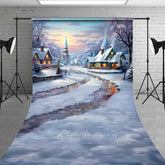 Lofaris Snowy Christmas Village Sweep Photo Backdrop Painted Cottages in Winter Holiday Landscape Prop