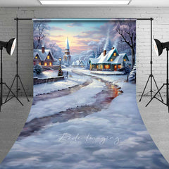 Lofaris Snowy Christmas Village Sweep Photo Backdrop Painted Cottages in Winter Holiday Landscape Prop