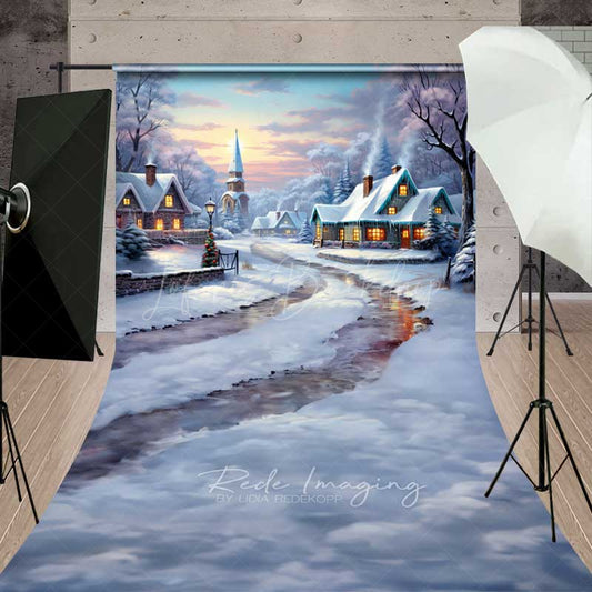 Lofaris Snowy Christmas Village Sweep Photo Backdrop Painted Cottages in Winter Holiday Landscape Prop