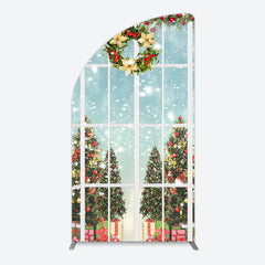 Lofaris Snowy Christmas Wreath Window Scene Arch Backdrop