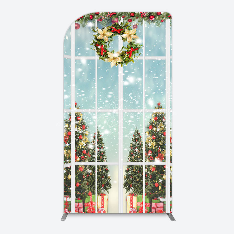 Lofaris Snowy Christmas Wreath Window Scene Arch Backdrop
