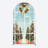 Lofaris Snowy Christmas Wreath Window Scene Arch Backdrop
