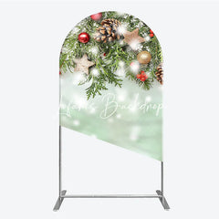 Lofaris Snowy Evergreen Branches Red Berries Round Top Arch Backdrop Gold Stars Pinecones Winter Holiday Decor