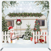 Lofaris Snowy Fence Bus Christmas Tension Fabric Backdrop