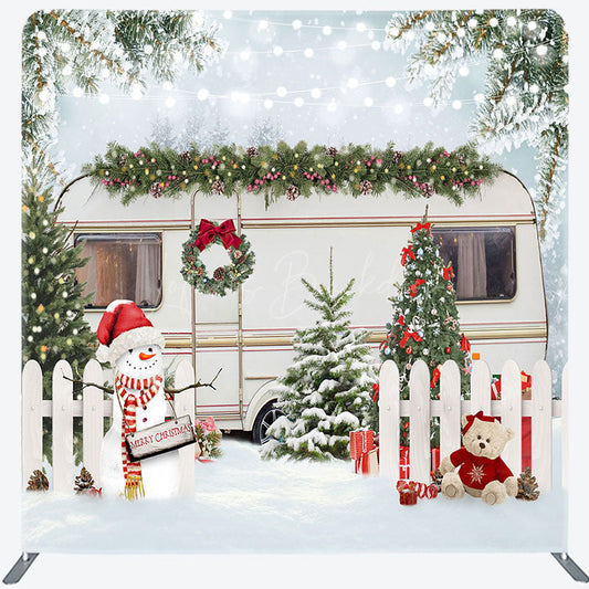 Lofaris Snowy Fence Bus Christmas Tension Fabric Backdrop