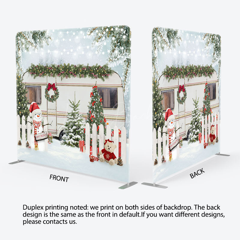 Lofaris Snowy Fence Bus Christmas Tension Fabric Backdrop