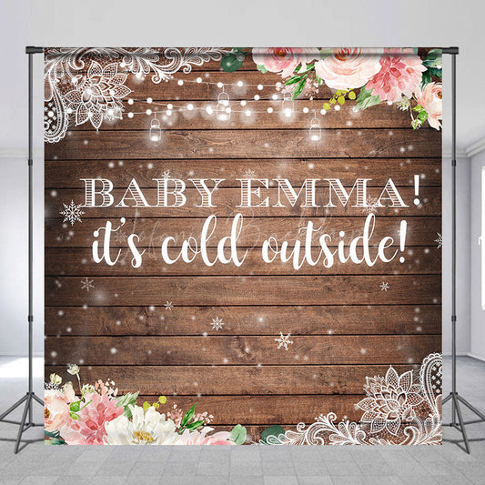 Lofaris Snowy Floral Wooden Custom Name Baby Shower Backdrop
