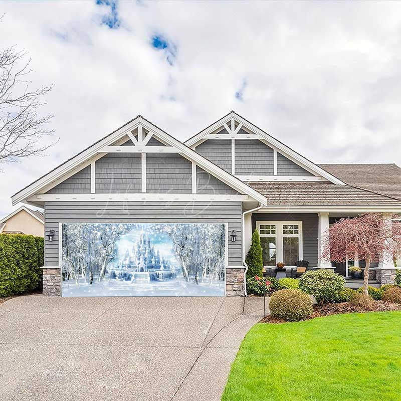 Lofaris Snowy Forest Ice Fairy Castle Garage Door Banner