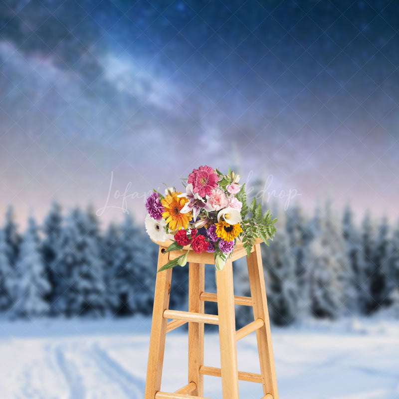 Lofaris Snowy Forest Starry Sky Sunset Winter Photo Backdrop
