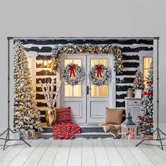 Lofaris Snowy Log Cabin Christmas Backdrop White Double Doors with Wreaths Winter Xmas Trees Porch Photo Props