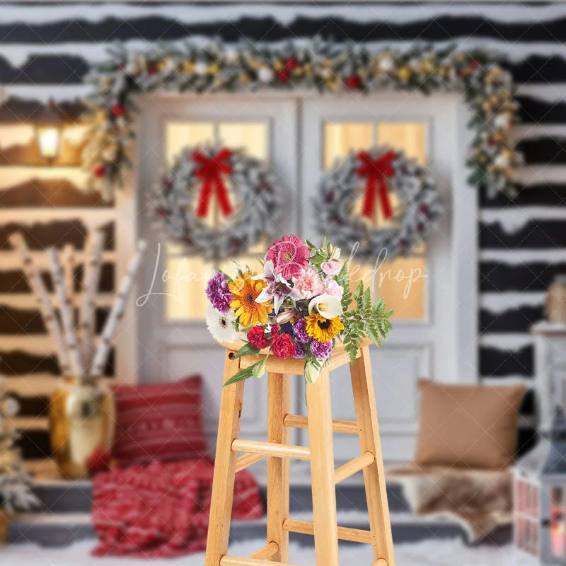 Lofaris Snowy Log Cabin Christmas Backdrop White Double Doors with Wreaths Winter Xmas Trees Porch Photo Props