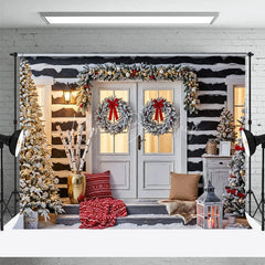 Lofaris Snowy Log Cabin Christmas Backdrop White Double Doors with Wreaths Winter Xmas Trees Porch Photo Props