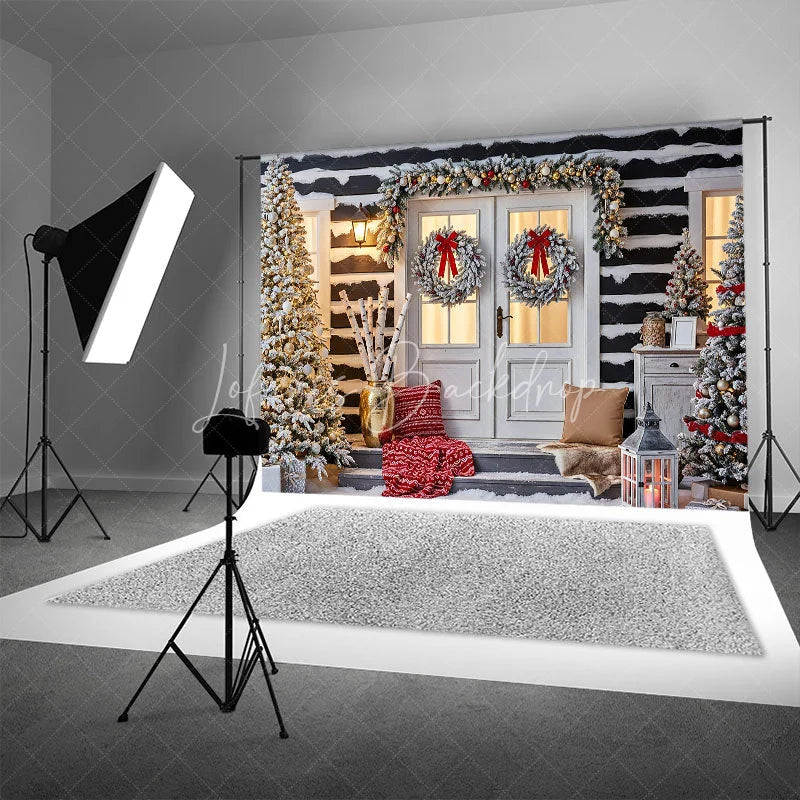 Lofaris Snowy Log Cabin Christmas Backdrop White Double Doors with Wreaths Winter Xmas Trees Porch Photo Props