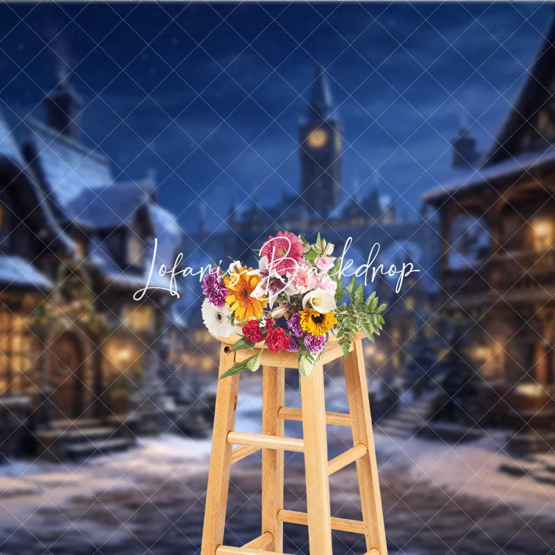 Lofaris Snowy Medieval Village at Night with Warm Glowing Lights Photography Backdrop Winter Holiday Celebration Decor