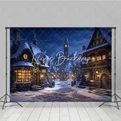 Lofaris Snowy Medieval Village at Night with Warm Glowing Lights Photography Backdrop Winter Holiday Celebration Decor