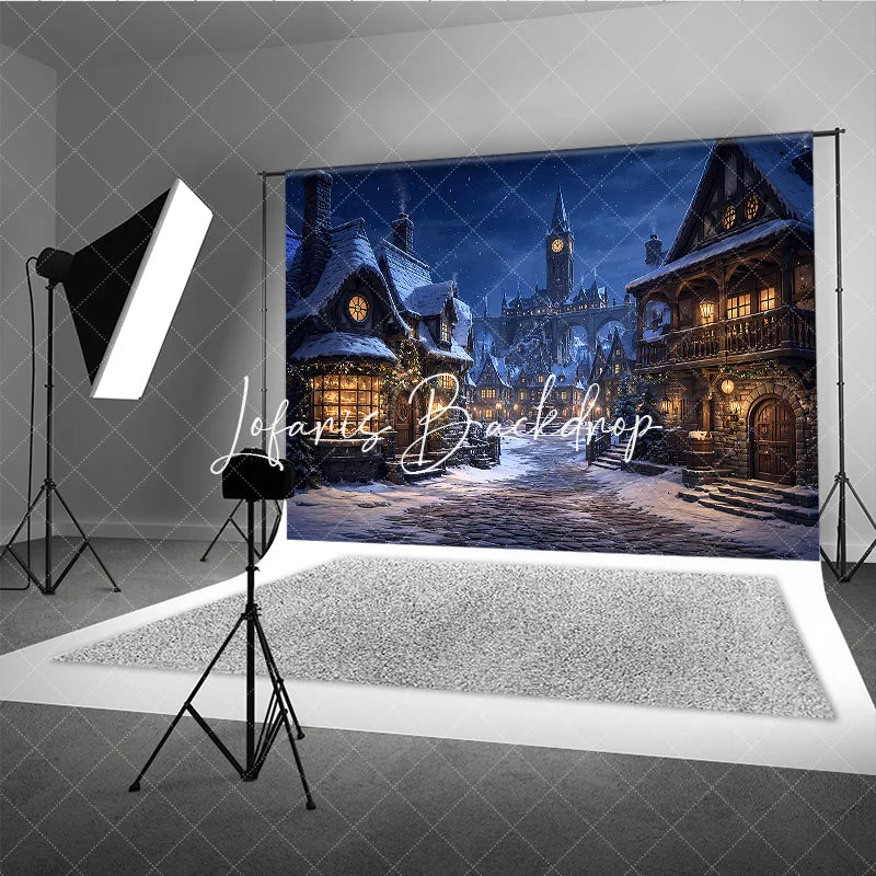 Lofaris Snowy Medieval Village at Night with Warm Glowing Lights Photography Backdrop Winter Holiday Celebration Decor