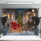 Lofaris Snowy Night Town Scene Santa Elk Christmas Backdrop
