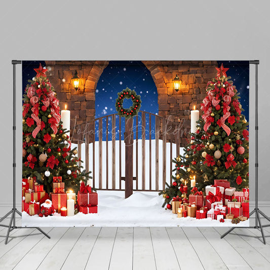 Lofaris Snowy Night Wooden Gate Tree Christmas Vibe Backdrop