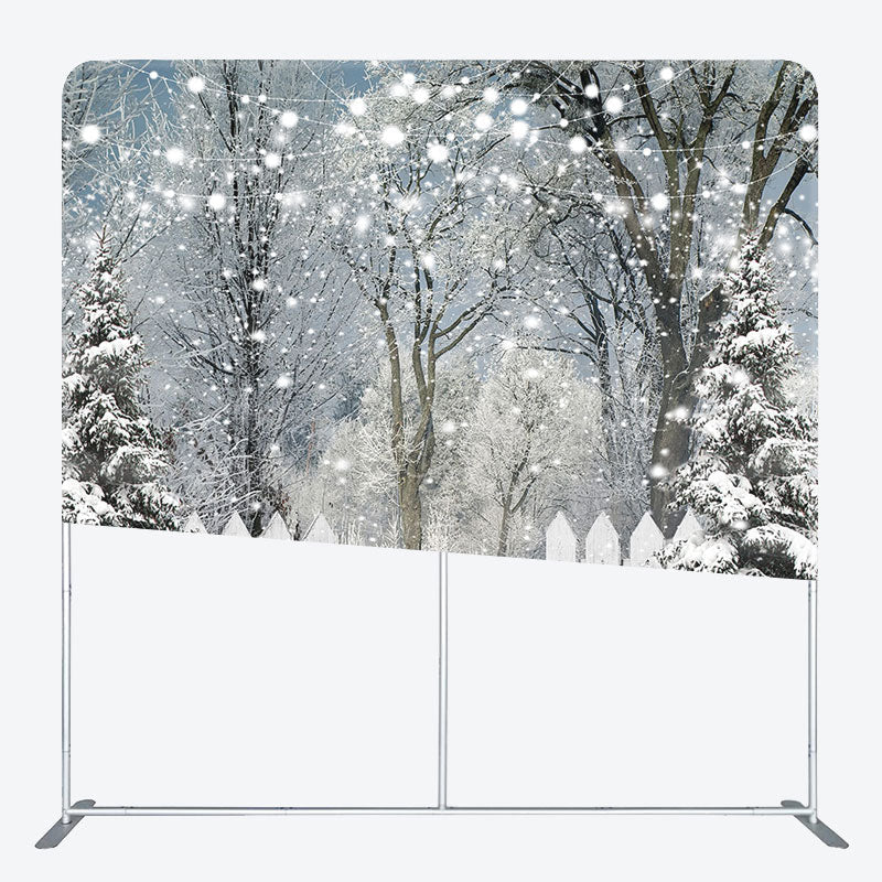 Lofaris Snowy Pine Forest Lights Tension Fabric Backdrop