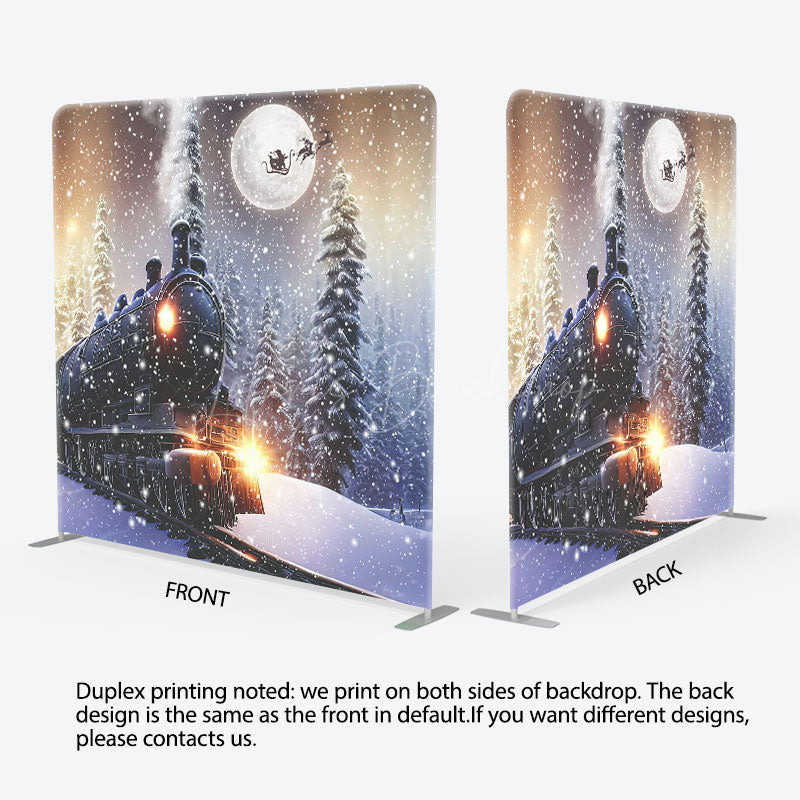 Lofaris Snowy Train Forest Christmas Tension Fabric Backdrop