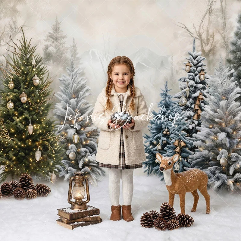 Lofaris Snowy Winter Forest Christmas Trees Combo Set Backdrop Golden Lights Holiday Party Decor