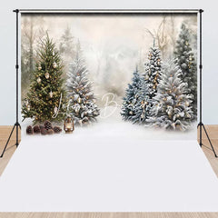 Lofaris Snowy Winter Forest Christmas Trees Combo Set Backdrop Golden Lights Holiday Party Decor