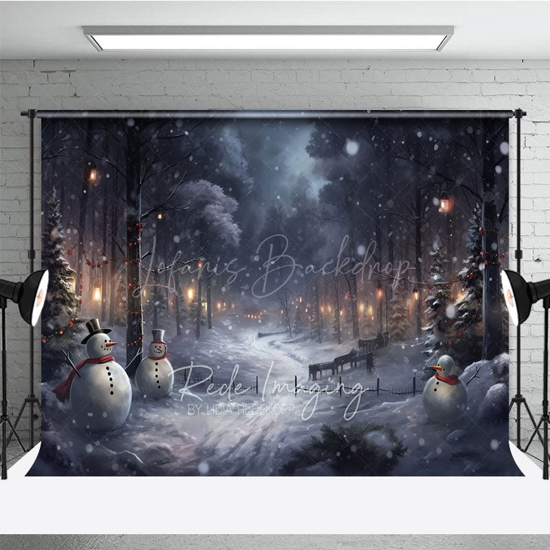 Lofaris Snowy Winter Night Photography Backdrop with Snowmen Magical Forest Lanterns Christmas Photo Background