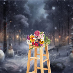 Lofaris Snowy Winter Night Photography Backdrop with Snowmen Magical Forest Lanterns Christmas Photo Background