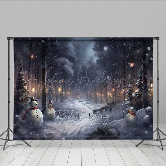 Lofaris Snowy Winter Night Photography Backdrop with Snowmen Magical Forest Lanterns Christmas Photo Background