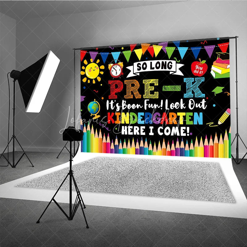 Lofaris So Long Pre-K Kindergarten Here I Come Graduation Backdrop Colorful School Elements Photo Background