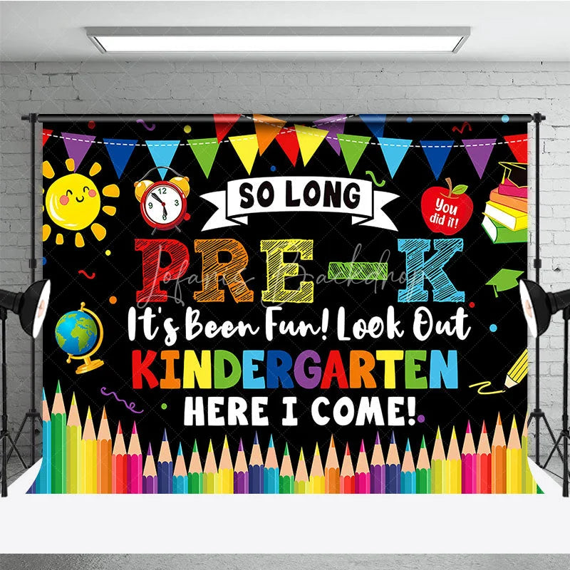 Lofaris So Long Pre-K Kindergarten Here I Come Graduation Backdrop Colorful School Elements Photo Background