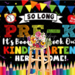Lofaris So Long Pre-K Kindergarten Here I Come Graduation Backdrop Colorful School Elements Photo Background