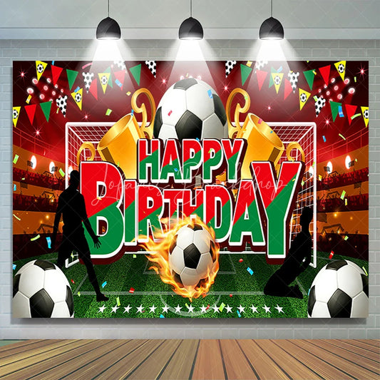 Lofaris Soccer Stadium Happy Birthday Backdrop Flaming Ball and Trophy Boys Party Photography Background