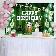 Lofaris Soccer Themed Birthday Party Backdrop Green Sports Field Banner for Boys Action Player and Trophy Photo Prop Decor