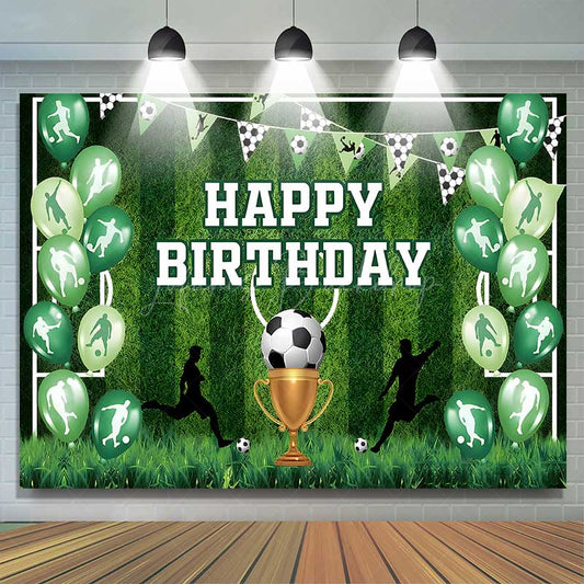 Lofaris Soccer Themed Birthday Party Backdrop Green Sports Field Banner for Boys Action Player and Trophy Photo Prop Decor