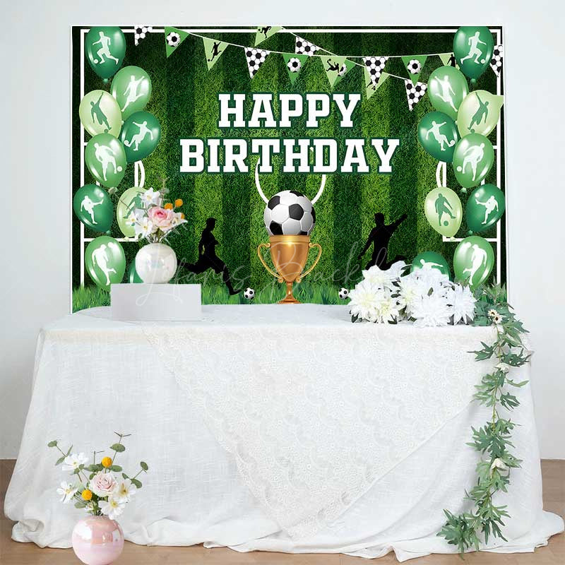Lofaris Soccer Themed Birthday Party Backdrop Green Sports Field Banner for Boys Action Player and Trophy Photo Prop Decor