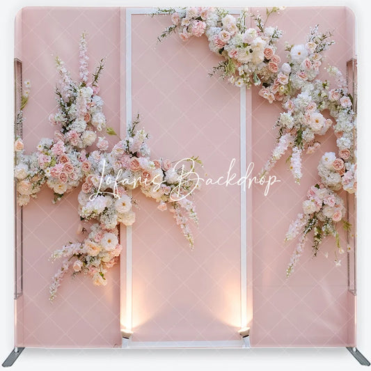 Lofaris Soft Pink Floral Arch Square Double-Sided Backdrop with White and Blush Flowers Elegant Wedding Decor