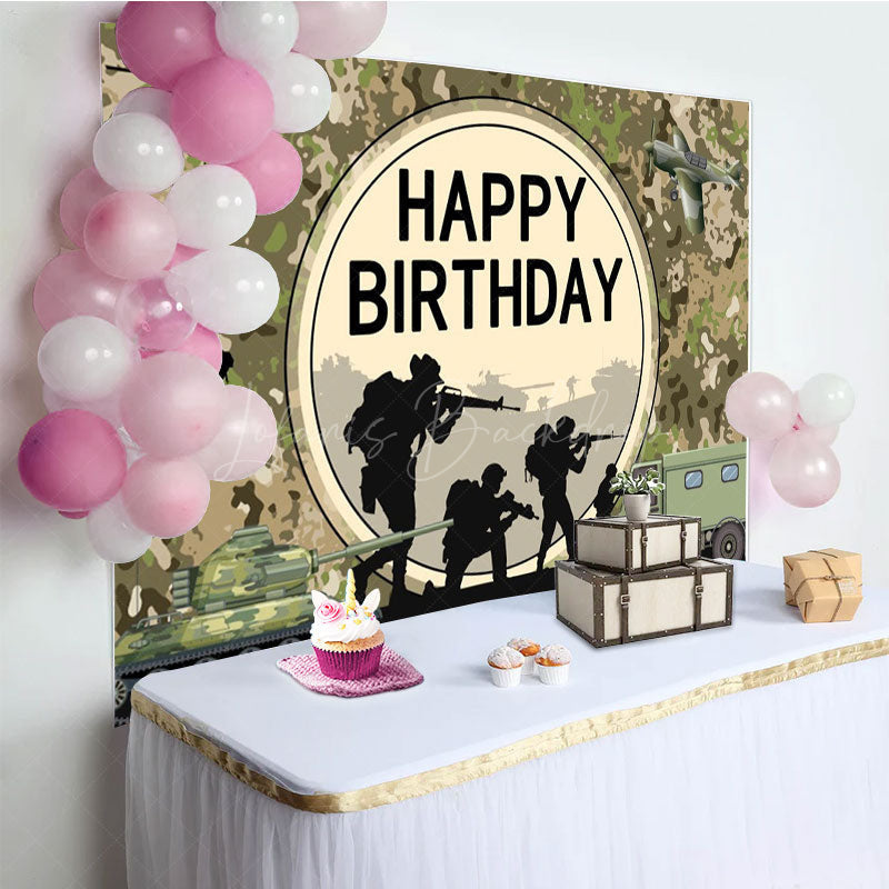 Lofaris Soldier Tank Aircraft Training Happy Birthday Backdrop
