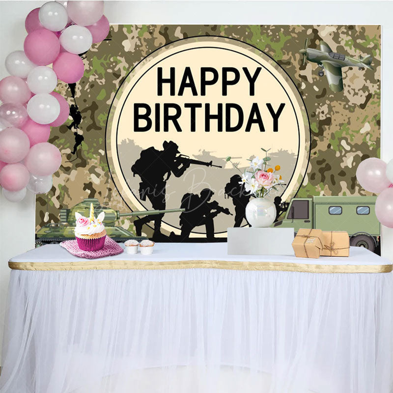 Lofaris Soldier Tank Aircraft Training Happy Birthday Backdrop